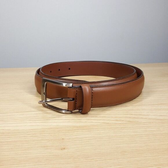 PERRY ELLIS Mens Belt Size Medium 34 36 Brown Bonded Leather Silver Buckle - Picture 1 of 6